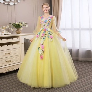 Light Yellow Tulle Stage Performance Dress With 3D Floral Embroidery Women's Long Evening Gown For Solo Singing Choir Hosting - Product Image 1