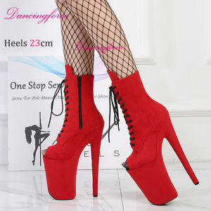 Rouge 23cm 9 pouces talons hauts Faux daim Sexy bout ouvert pôle danse bottines Zip automne été décapant plate-forme chaussures pour femmes - Product Image 2