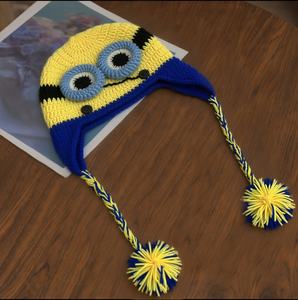 Gorro de Punto SOLPOP, Diseño de Hombre Miniatura Amarillo de Dibujos Animados, Hecho a Mano, con un Solo Ojo, Gorro de Invierno Otoñal, Lindo y Divertido, con Trenzas Largas - Product Image 4