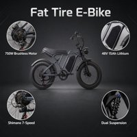 Vélo électrique tout-terrain à pneus larges noirs 750W 48V 15AH 20x4.0, double suspension, style discret, pour trajets urbains et en milieu urbain