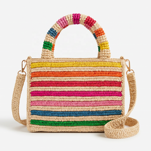 Sac fourre-tout en raphia rayé coloré, grande capacité, sac à main tissé, sac à bandoulière pour la plage et les voyages - Product Image 1