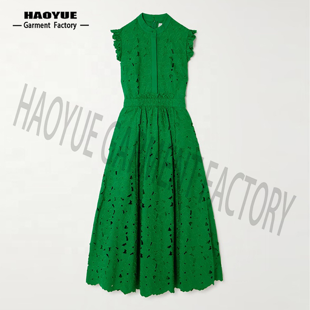Clothing Manufacturer Custom Spring Summer Green Crew Neck Sleeveless Elegant Casual Cotton Lace Women Midi Dress