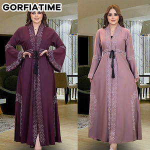 GORFIATIME Jupes musulmanes arabes ethniques grande taille avec fermeture éclair et diamants Abaya pour femmes avec ceinture Robe <span class=keywords><strong>marocaine</strong></span> bangladaise Robe <span class=keywords><strong>marocaine</strong></span> - Product Image 2