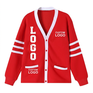 Custom Logos <b>Men's</b> High Quality Red 100% Cotton Fleece Double Breasted Button <b>Cardigan</b> Long Sleeve V-neck Contrast Color Winter - Product Image 1