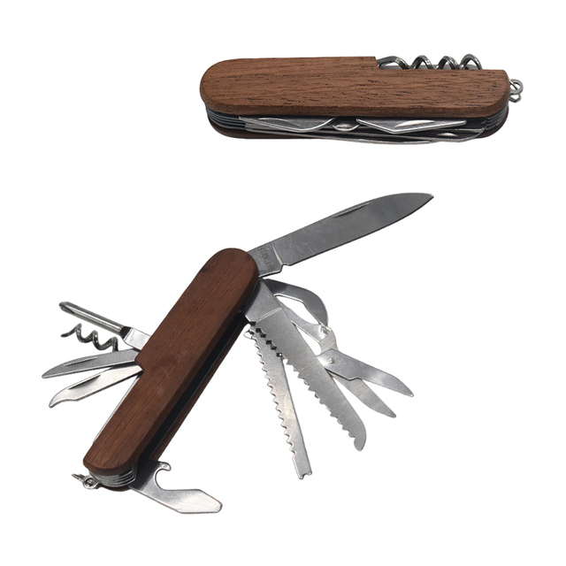 Factory OEM Wholesale Outdoor Stainless Steel Wood Handle 9-in-1 Multi-function Folding Tool Combination for Pocket Knife