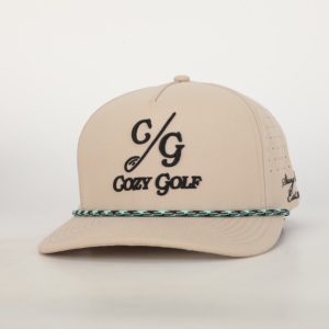 Gorra de golf de 5 paneles de poliéster de secado rápido con logotipo personalizado OEM, diseño perforado cortado con láser con estilo de escritura bordado - Product Image 2