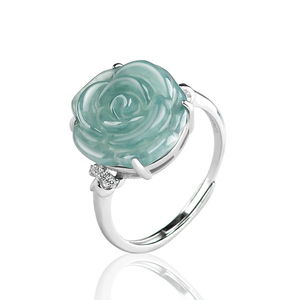 Bague en argent S925 incrustée de jade naturel de qualité A, type glace, motif rose bleue, pour femme, réglable - Product Image 1