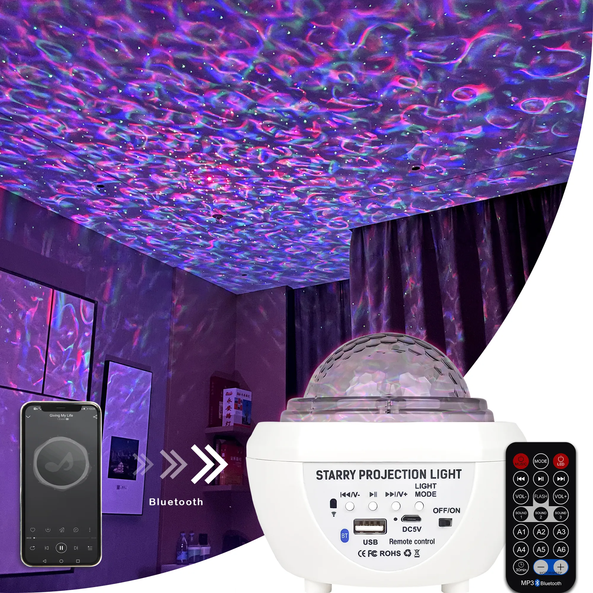 Room decor Starry Sky Night Light Music Speaker Remote Control Ocean Wave Projection Magic Light