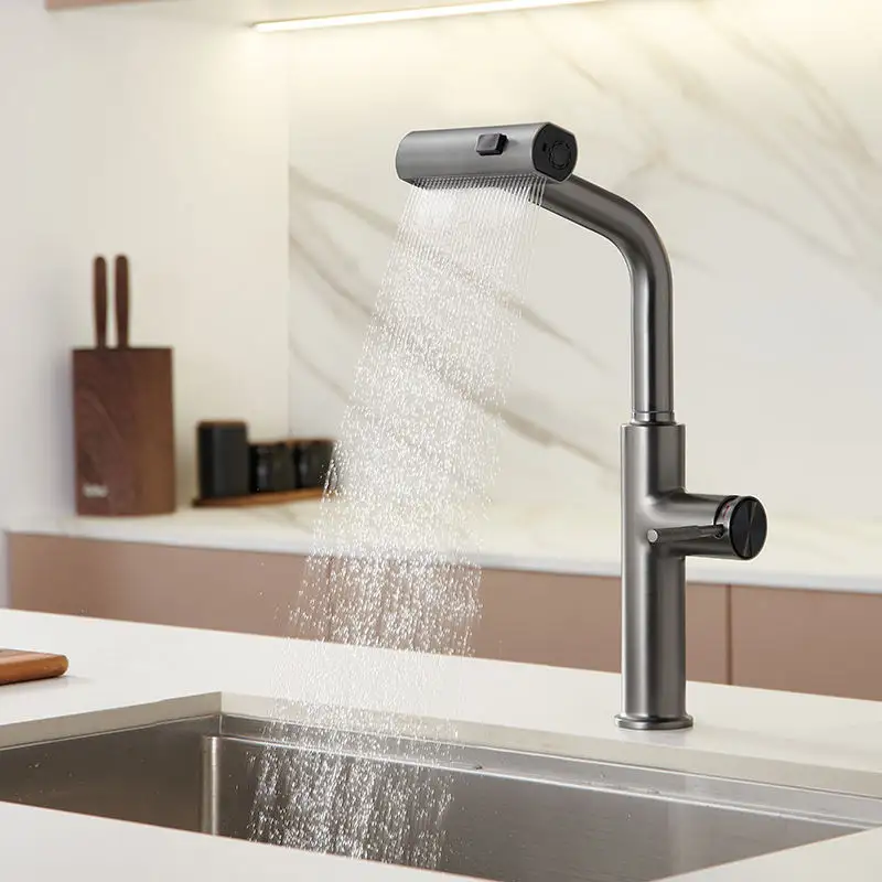 Tiktok Trends 2024 Newest Design High-End Zinc Alloy Waterfall Pull Out Kitchen Faucet