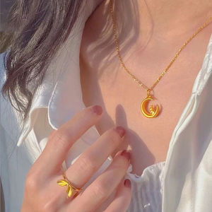 Moon And Rabbit Pendant Necklace 24k Gold Plated Copper Clavicle Chain For Women Gift Occasion - Product Image 3