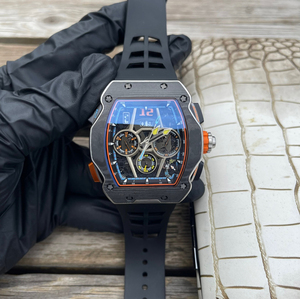 Montre chronographe sport de luxe pour homme, forme tonneau, finition fibre de carbone, squelette, automatique, mécanique, montre-bracelet de course - Product Image 1