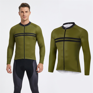 Olive Green Long Sleeve <b>Cycling</b> Jersey With Black Stripes And Full Zip Front For Men - Product Image 1