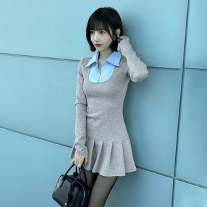 Vestido Mini Plisado con Cuello Color Block Estilo Preppy Coreano para Mujer, Manga Larga, Diseño de Dos Capas, Botones al Frente, Corte Ajustado, Estilo Colegiala - Product Image 4