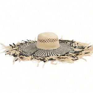 Arrival Fashion Trendy Women Lay Oversized Raw Edge Big Brim Beach Vacation Sun <b>Hat</b> Two Tone Woven Paper Floppy <b>Hat</b> - Product Image 5