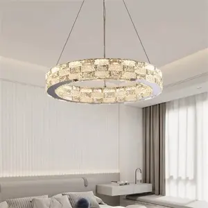 Lampu gantung kristal Modern, lampu gantung kristal Modern, lampu langit-langit bulat lapisan ganda emas untuk ruang makan