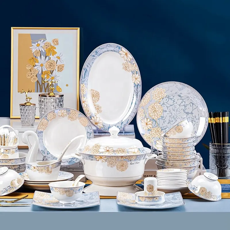 Sanzo 60Pcs Bone china Plate Bowl Porcelain Dinnerware Set For 10 Person Family