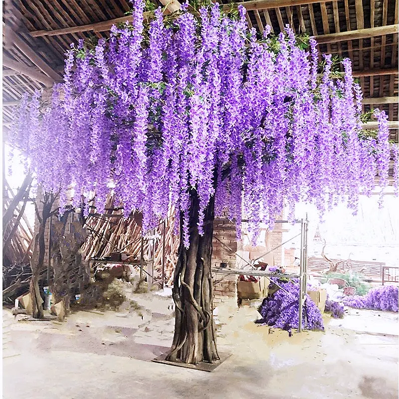 人工シルク藤の花の木結婚式の装飾のためのカスタム手作りの大きな紫色の花の木人工藤の木