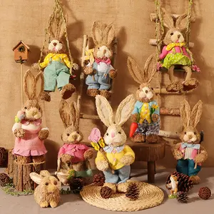 Standing Easter Cute Straw Bunny Figurine Ornaments Christmas Home Decoration Easter Day Party Gifts Party Holiday Supplies