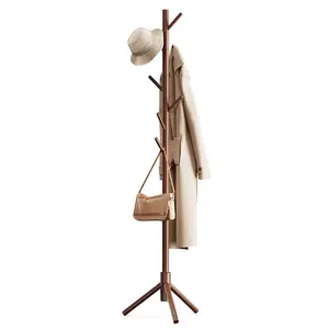 पाइन कोट रैक, लकड़ी के कोट रैक स्टैंड के साथ 3 ऊंचाई विकल्प और 8 हुक, कपड़े के लिए मजबूत फ्रीस्टैंडिंग कोट रैक/बैग/सलाम