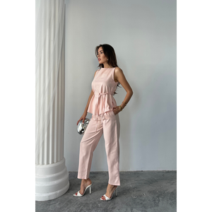 Conjunto de traje de lino modelo Massimo, blusa sin mangas y pantalones de color polvo para mujer, talla S, ropa formal elegante - Product Image 3