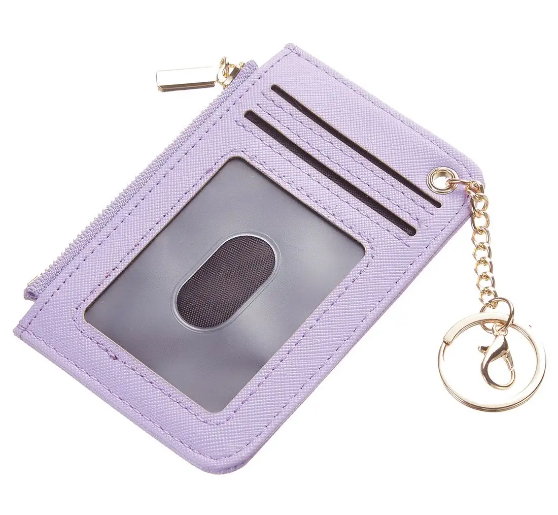 Tempat kartu Atm Mini wanita, gantungan kunci kulit pemblokir Rfid minimalis ramping dengan jendela ID