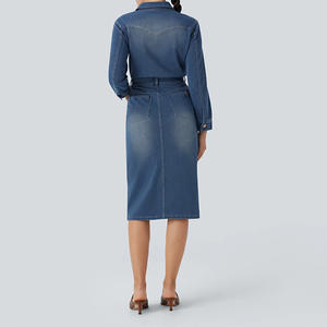 Vestido Midi de Mezclilla <span class=keywords><strong>para</strong></span> Dama Fabricante Personalizado 2025 Moda Casual Verano Otoño Invierno Vestido Camisero de Denim Azul <span class=keywords><strong>para</strong></span> <span class=keywords><strong>Mujer</strong></span> - Product Image 2
