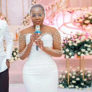 Vestido de novia de satén plisado de sirena de manga larga con perlas brillantes personalizadas impresionantes árabe Aso Ebi <span class=keywords><strong>para</strong></span> novia ilusión - Product Image 4