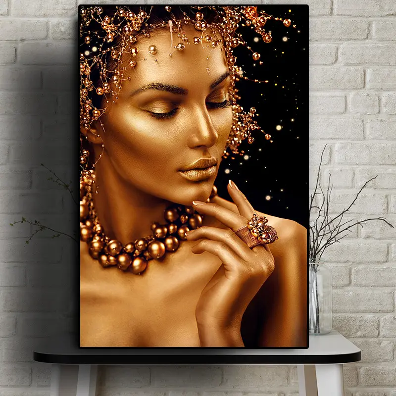 Pintura al óleo sobre lienzo para mujer, arte africano desnudo, negro y dorado, carteles e impresiones, cuadro artístico de pared para sala de estar