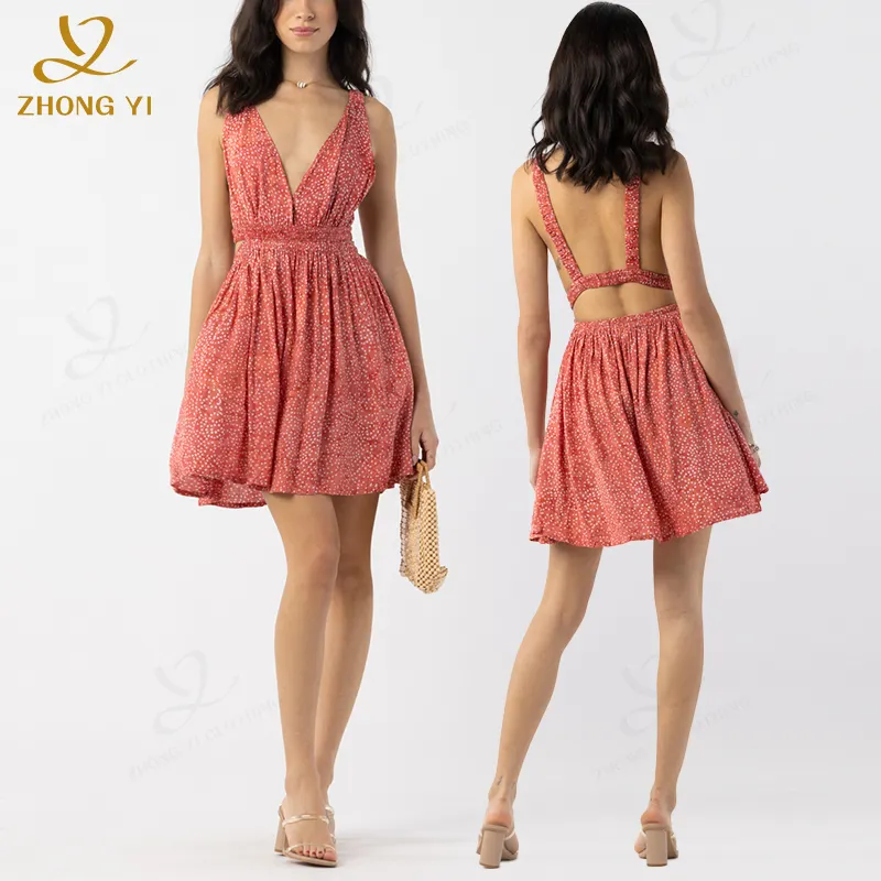 ODM 2024 Designer hochwertiges individuelles Damen Sommer-Sonnenkleid blumig Leinen rüschenförmig V-Ausschnitt rückenfrei ärmellos Strand-Mini-Kleid