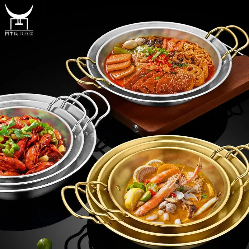 Roestvrijstalen Paella Pan Met Dubbel Handvat Restaurant Korean Kimchi Clear Soep Pot Zeevruchten Droge Pot Camping Outdoor Kookgerei