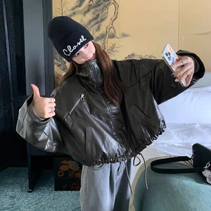 New Spring Collection Women's Cropped Stand-Collar PU Leather <strong>Jacket</strong> American Retro Hot Girl Look Relaxed <strong>Biker</strong> Style - Product Image 2