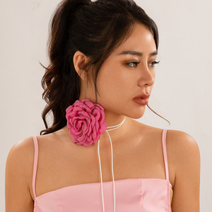 Colliers de fête pour mariée, fête de mariage, été, cordon en cire réglable, grande fleur en tissu rose, colliers floraux, collier ras du cou pour femmes - Product Image 2