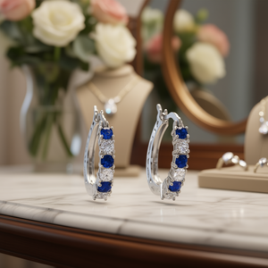 Orecchini a cerchio classici placcati in rodio con zaffiro e diamanti taglio brillante rotondo per donna, gioielli da festa - Product Image 2