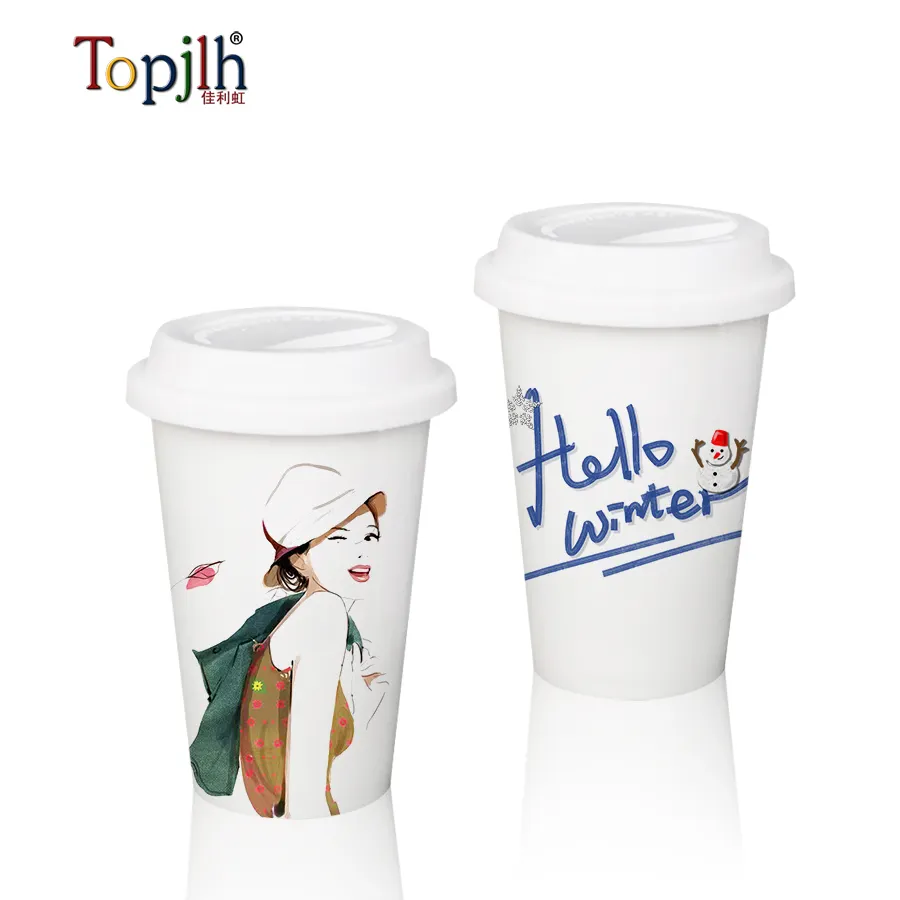 Topjlh Caneca de café de cerâmica com tampa de silicone e faixa, caneca de viagem em massa personalizada em pedra, sublimação em branco, 2024