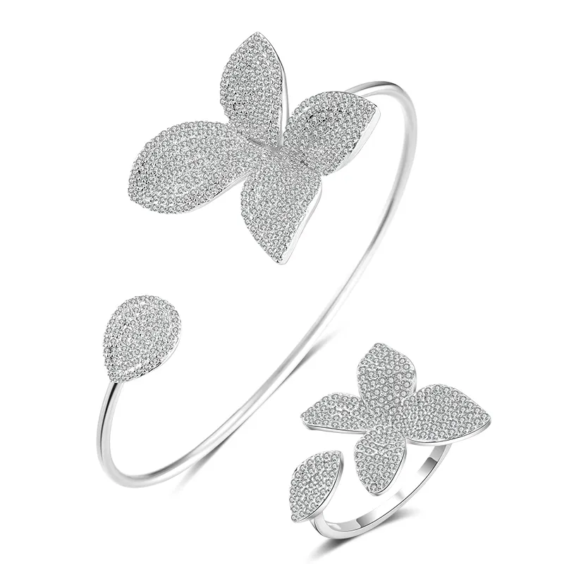 RAKOL SP3045 zircon cubique ouverture réglable Bracelet anneau fleur bijoux de mariée