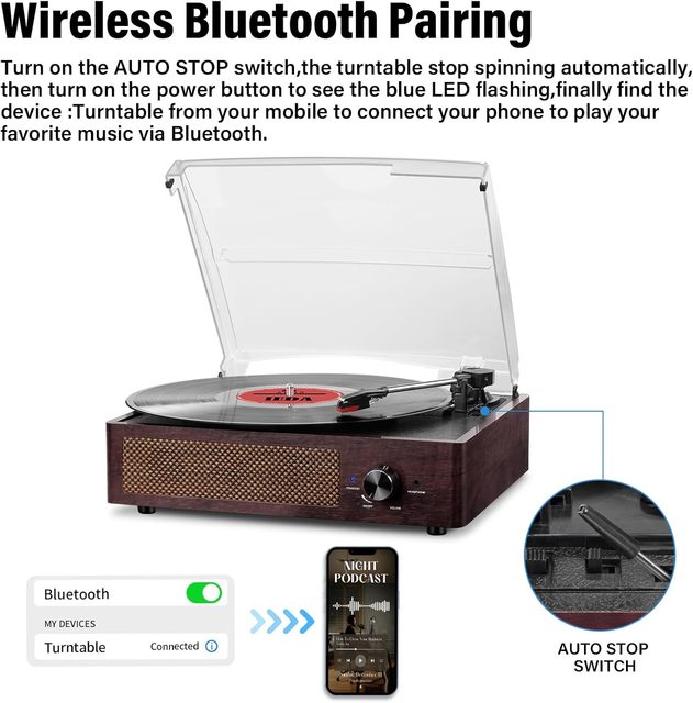 Classic Vinyl Record Player Turntable Built-in Wireless Receiver 2 Stereo Speakers 3 Speed Portable Retro Wood Home Decoration