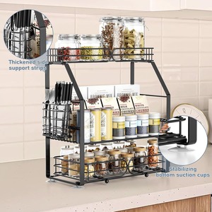 Three Tiered Spice Rack Carbon Steel <b>Kitchen</b> Countertop Organizer Multi Function <b>Storage</b> Shelf With Suction Cups - Product Image 1