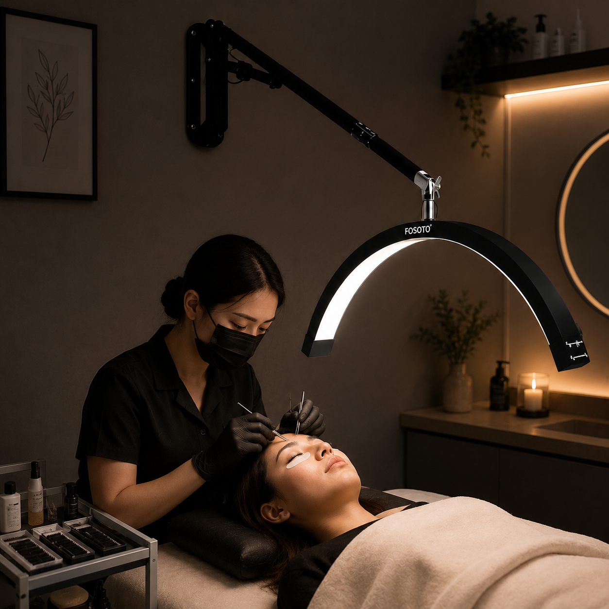 FOSOTO Golden Ceiling Light for Barbershop Wall Mounted Half Moon Light Lamp for Lashes With Phone Holder Photographic Lighting