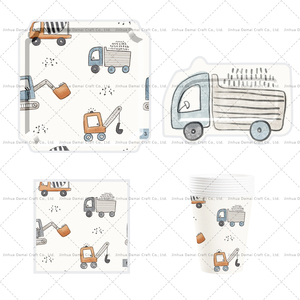 Articles de fête d'anniversaire DAMAI Construction avec un ensemble de vaisselle sur le thème du tracteur et du camion, assiettes, gobelets, serviettes, couverts pour enfants - Product Image 5
