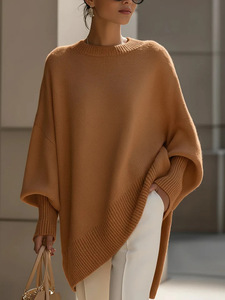 Suéter de punto holgado con mangas murciélago para <span class=keywords><strong>mujer</strong></span>, jersey informal de corte asimétrico, poncho de invierno, top liso. - Product Image 4