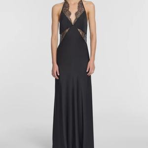 Vestidos de moda para mujer, elegantes, negros, largos, con cuello halter y ribete de encaje - Product Image 1