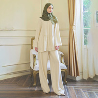Setelan Modis Wanita 2 Pcs, Atasan Peplum & Celana Kulot Bahan Crepe Bertekstur, Tidak Tembus Pandang, Cocok untuk Muslimah