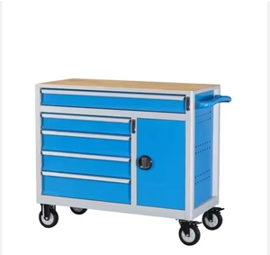 Chariot de rangement d'outils moderne en acier inoxydable robuste bleu, 1 porte, 5 tiroirs, chariot mobile pour atelier - Product Image 3
