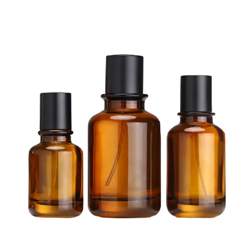 Amber kahverengi şeffaf cam parfüm şişesi doldurulabilir boş 30ml 50ml 100ml siyah kapak vida pompası kozmetik koku sprey şişeleri