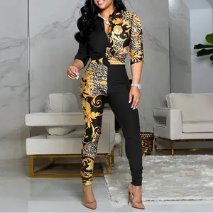 2023 Hot Style Fashion Printing Casual Long Sleeve Turndown Collar Shirt Top And Straight-leg Tight Trousers Set For Women