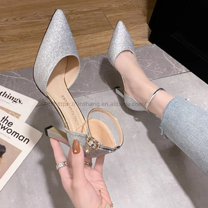 Factory Wholesale Women's Glitter Pointed Toe Pumps Ankle Strap High Heels for Wedding Party - Product Image 2