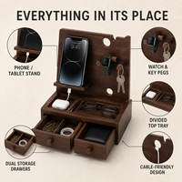 Organisateur de bureau de luxe moderne en bois de noyer écologique avec support pour téléphone et tablette, double tiroir et gestion des câbles, idéal comme table de chevet