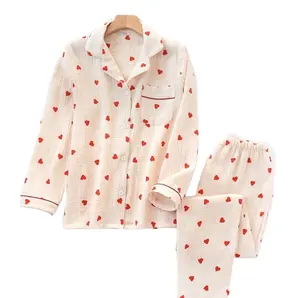 Wholesale Adult Sleepwear 2PCS Heart Print Pajamas Suit Womens Warm Winter Nightwear Turn Down Collar Shirt Pant Loose Casual