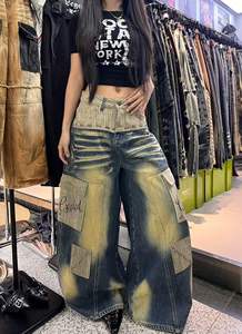 Pantalones Vaqueros Cargo Vintage Lavados de Pierna Ancha con Parches para Streetwear - Product Image 3