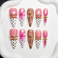 Ongles français en amande avec fleurs 3D faites à la main, 10 pièces, tailles mixtes, perles dorées brillantes, ongles à presser, prix de gros